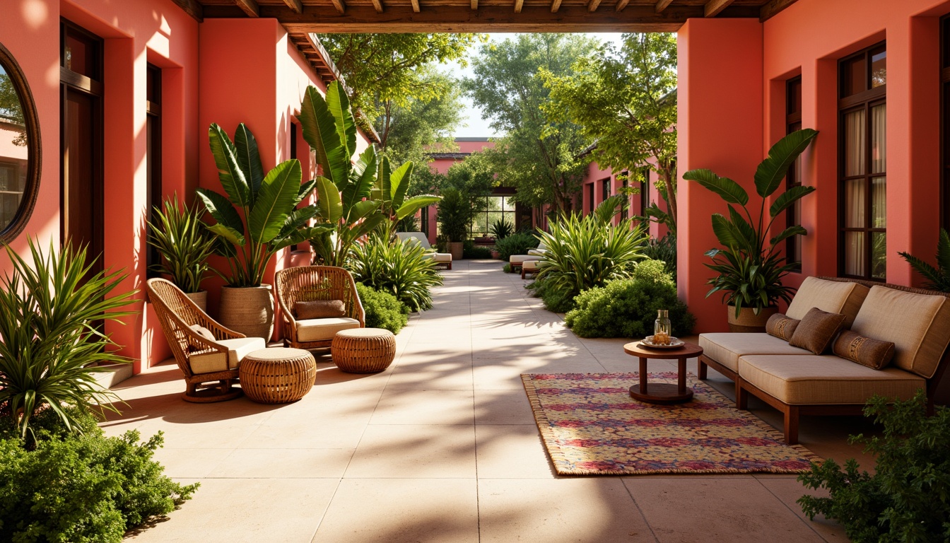 Prompt: Vibrant tropical interior, bright coral walls, lush greenery accents, warm sandy beige floors, exotic wood tones, colorful woven textiles, natural fiber rugs, rattan furniture, sunny day ambiance, soft diffused lighting, shallow depth of field, 3/4 composition, realistic textures, ambient occlusion.