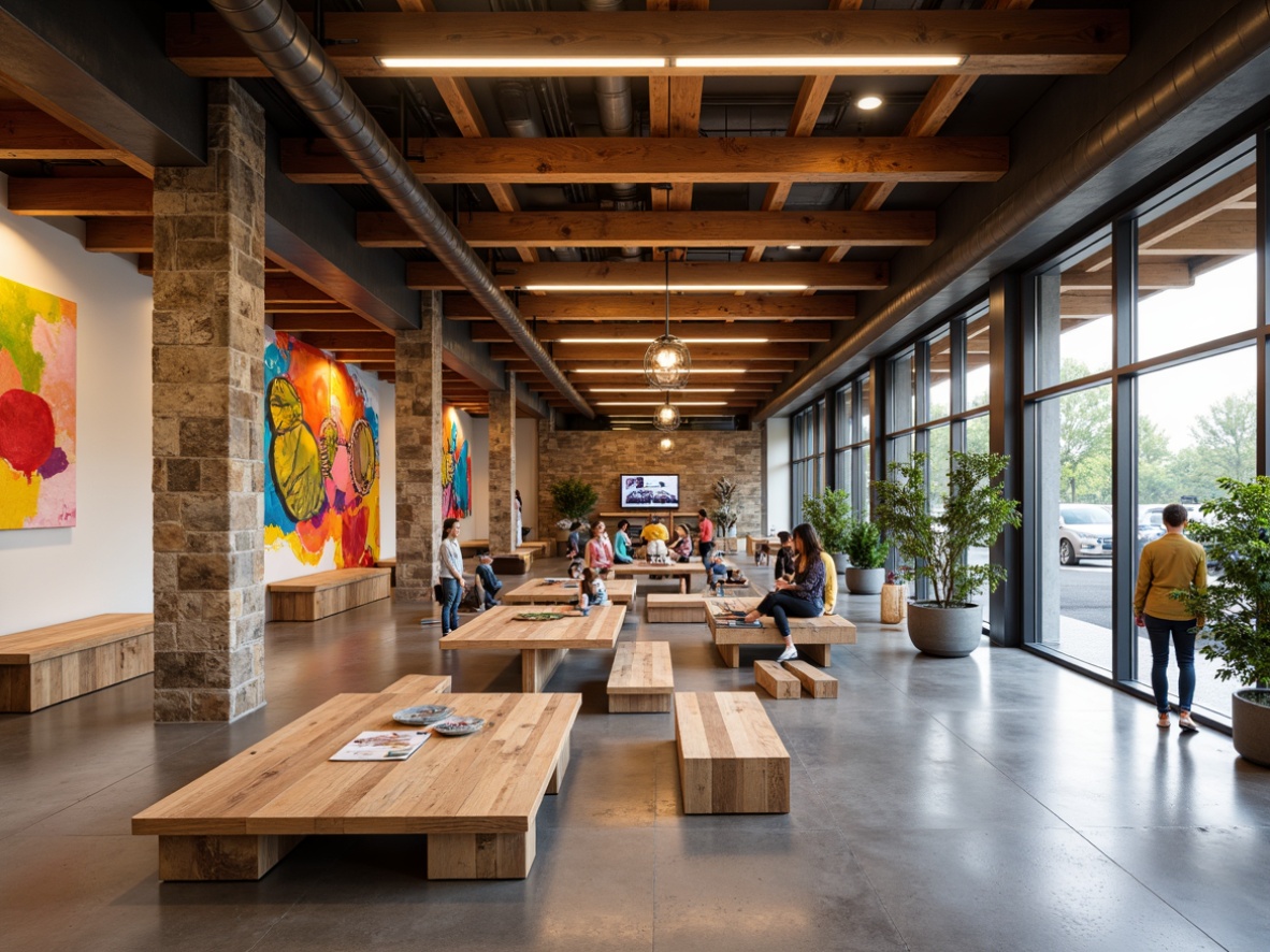 Prompt: Rustic community center, wooden accents, natural stone walls, exposed brick ceilings, polished concrete floors, reclaimed wood benches, vibrant color schemes, abstract artwork, modern lighting fixtures, floor-to-ceiling windows, panoramic views, warm cozy atmosphere, shallow depth of field, 3/4 composition, realistic textures, ambient occlusion.