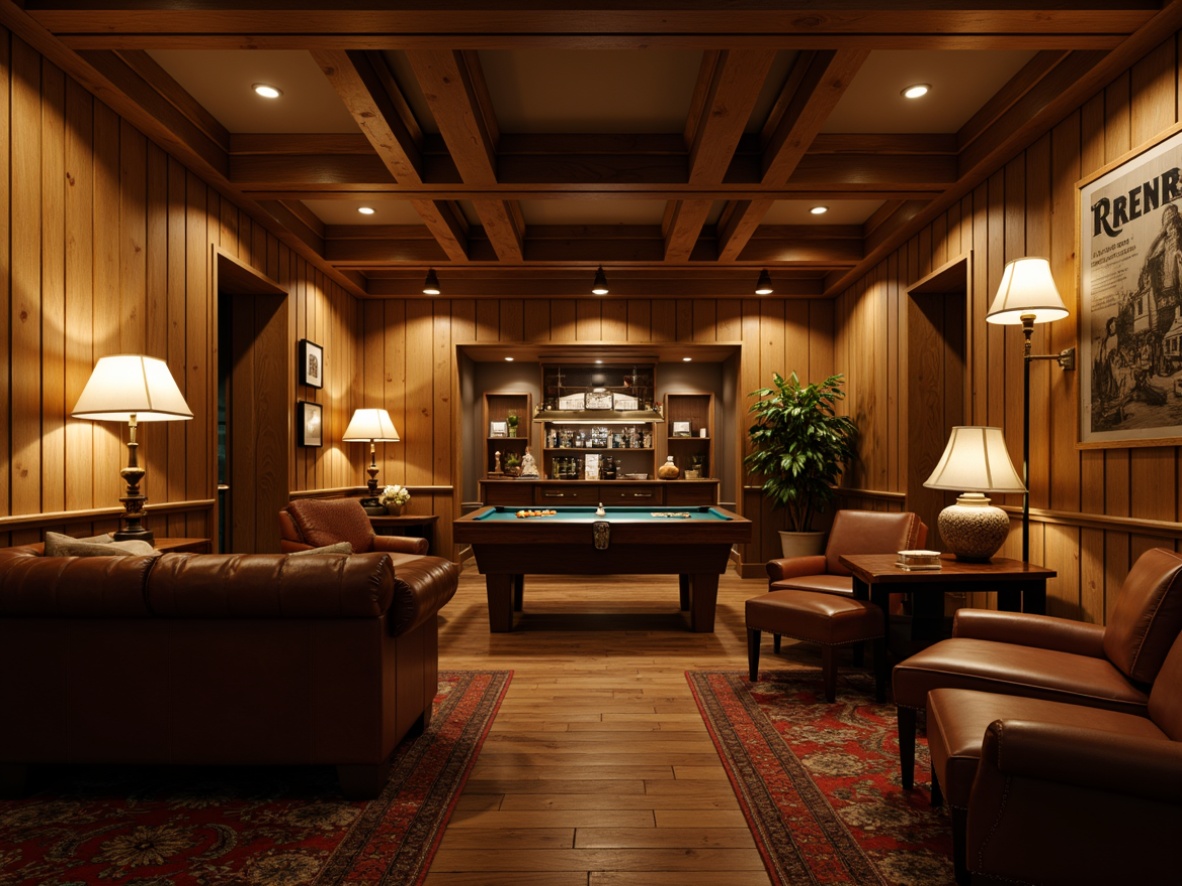 Prompt: Cozy game room, traditional wooden paneling, warm beige walls, rich brown furniture, classic lamps, soft warm lighting, table lamps, floor lamps, pendant lights, rustic metal fixtures, vintage-style posters, comfortable seating areas, plush carpets, wooden decorative accents, earthy color palette, warm ambiance, dramatic shadows, 1/1 composition, realistic textures, subtle depth of field.