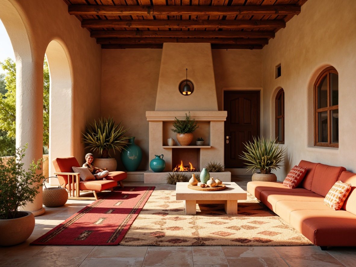 Prompt: Vibrant Southwestern interior, terracotta pots, woven textiles, rustic wood accents, earthy tones, sandy beige walls, turquoise ceramic vases, desert-inspired patterns, bold red and orange hues, natural fiber rugs, geometric-shaped tiles, warm golden lighting, shallow depth of field, 1/1 composition, realistic textures, ambient occlusion.