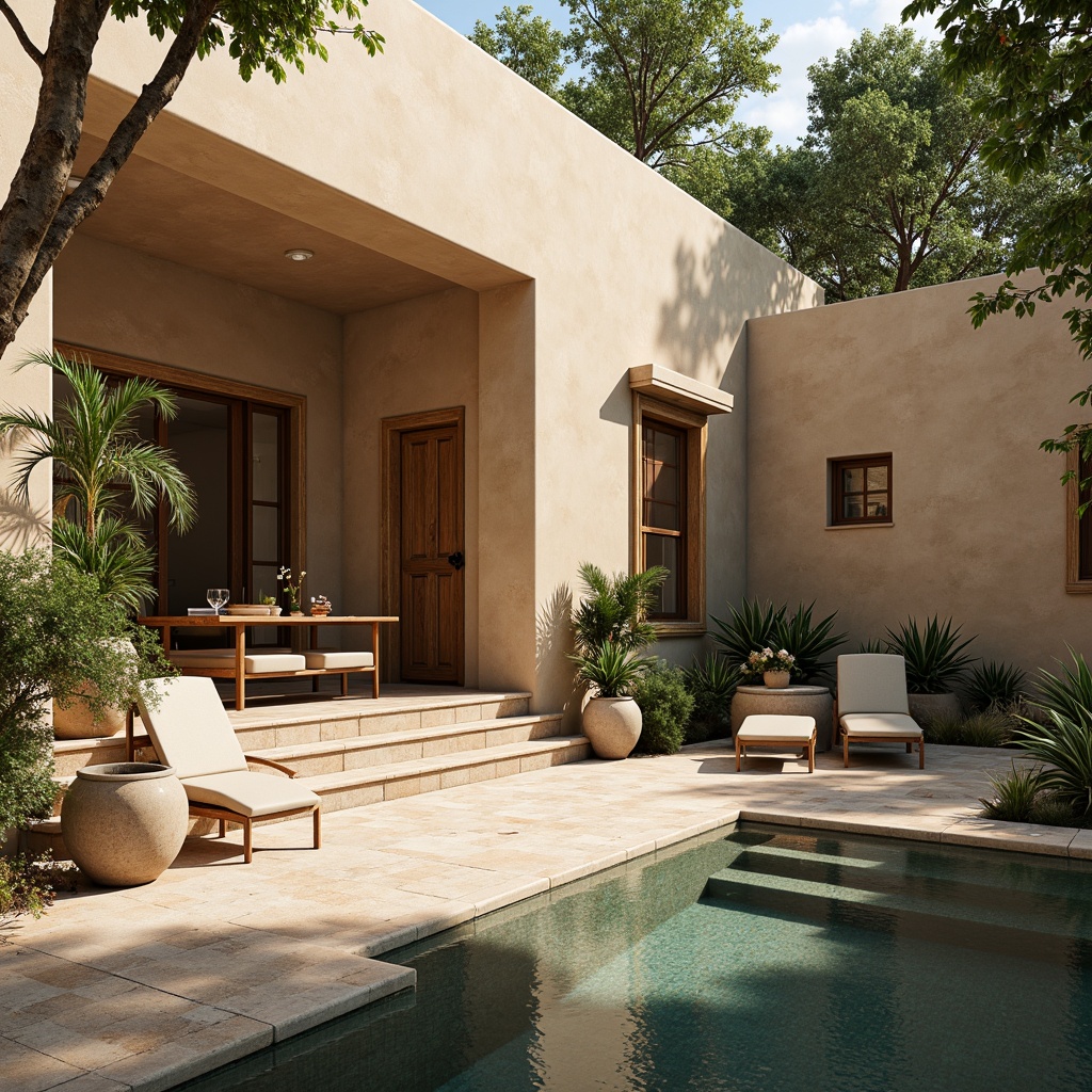 Prompt: Warm beige stucco walls, soft natural stone floors, calming blue accents, ornate wooden doors, rustic ceramic tiles, distressed wood furniture, lush greenery, tranquil water features, serene courtyards, warm sunny lighting, shallow depth of field, 3/4 composition, realistic textures, ambient occlusion.