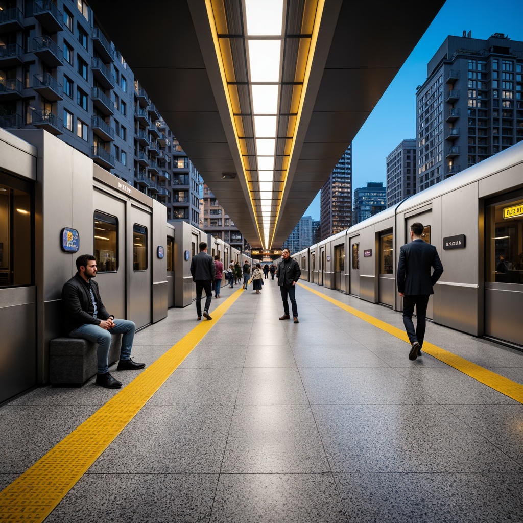 Prompt: Vibrant metro station, bustling city atmosphere, modern architecture, sleek trains, stainless steel rails, durable epoxy flooring, aesthetic terrazzo patterns, high-gloss finishes, subtle LED lighting, urban furniture, futuristic design, industrial materials, robust construction, easy maintenance, heavy foot traffic, rush hour scenes, morning commute, natural stone accents, metallic tones, dynamic city life, shallow depth of field, 1/1 composition, realistic textures, ambient occlusion.