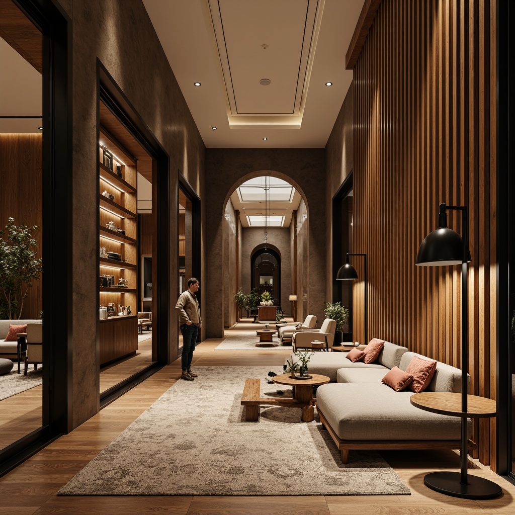 Prompt: Luxurious modern interior, premium materials, rich textures, polished metals, exotic wood grains, velvety soft fabrics, natural stone surfaces, elegant glass accents, sophisticated color palette, ambient lighting, warm glow, 3/4 composition, shallow depth of field, realistic reflections, subtle shading.