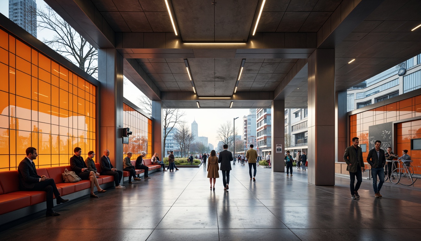 Prompt: Modern bus station interior, sleek metal columns, polished concrete floors, vibrant orange accents, comfortable seating areas, ample natural light, warm LED lighting, geometric patterned walls, urban cityscape views, busy commuter atmosphere, shallow depth of field, 1/2 composition, realistic textures, ambient occlusion, earthy tone color palette, industrial design elements, durable materials, functional layout.