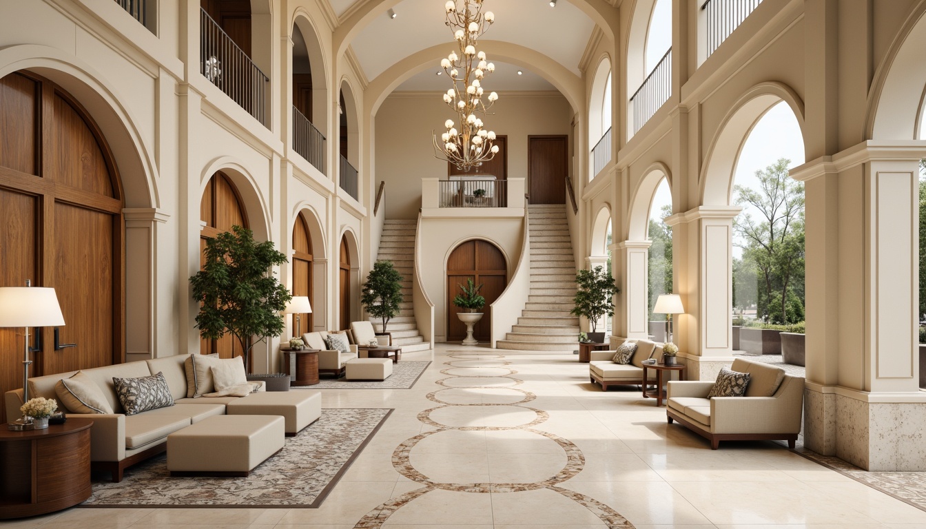 Prompt: Luxurious healthcare facility, neoclassical architecture, marble floors, polished chrome accents, ornate columns, grand staircases, elegant archways, cream-colored walls, rich wood paneling, sophisticated chandeliers, comfortable waiting areas, plush furniture, natural stone flooring, herringbone patterned wood floors, decorative inlays, subtle texture variations, warm beige color scheme, soft diffused lighting, 1/1 composition, realistic reflections, ambient occlusion.