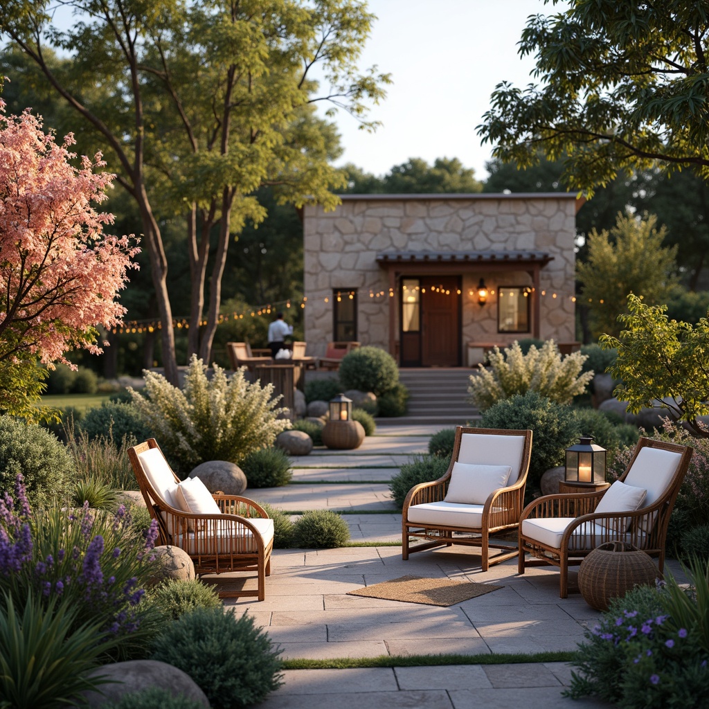 Prompt: Rustic farmhouse, natural stone walls, wooden fencing, lush greenery, blooming flowers, vintage outdoor furniture, woven wicker chairs, plush cushions, soft pastel colors, serene water features, rustic metal lanterns, twinkling string lights, warm sunset ambiance, gentle breeze, shallow depth of field, 1/1 composition, realistic textures, ambient occlusion.