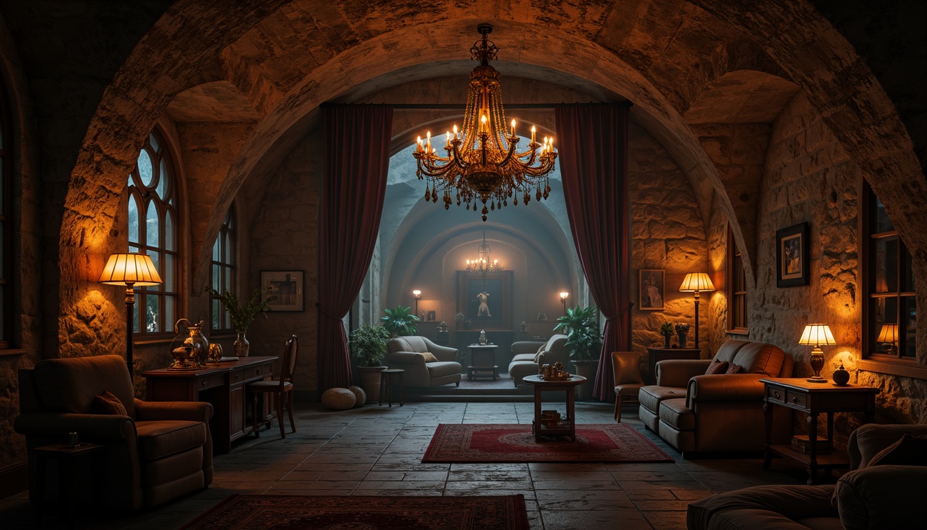 Prompt: Dark mysterious basement, gothic arches, stone walls, dimly lit atmosphere, flickering torches, warm golden lighting, eerie shadows, ornate chandeliers, heavy drapery, rich velvet fabrics, mystical artifacts, ancient tomes, mysterious relics, foggy mist, soft focus, low-key lighting, high contrast ratio, dramatic spotlights, cinematic composition, atmospheric depth of field.