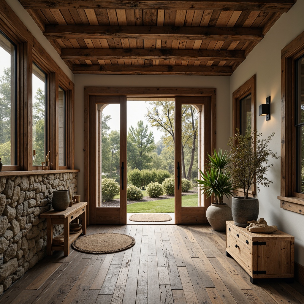 Prompt: Rustic entry farmhouse, reclaimed wood floors, distressed wooden planks, vintage metal accents, earthy color palette, natural stone walls, wooden beams, shiplap ceilings, warm ambient lighting, soft shadows, cozy atmosphere, 1/1 composition, shallow depth of field, realistic textures, ambient occlusion.