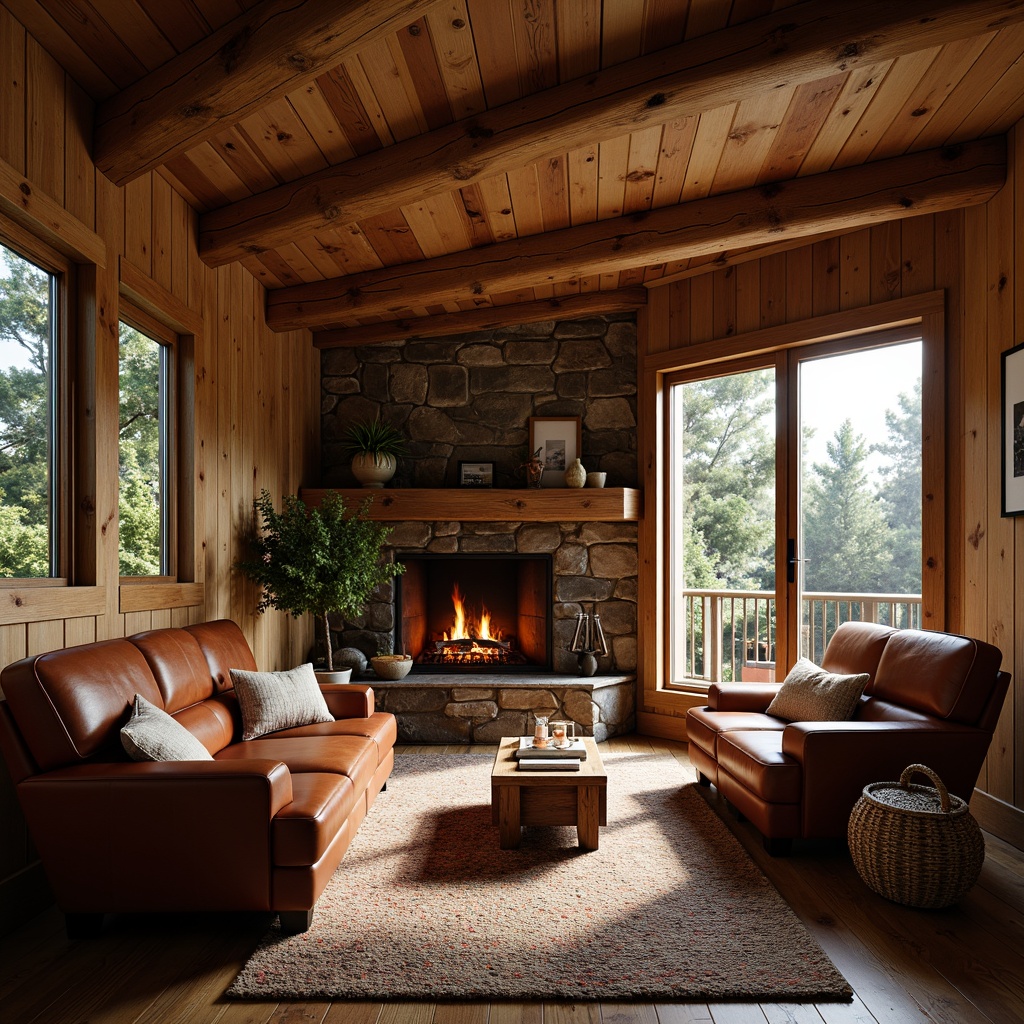 Prompt: Cozy cabin, rustic wooden walls, earthy color palette, plush area rugs, comfortable sofas, crackling fireplace, soft warm lighting, natural stone accents, woven baskets, vintage decorative items, rich leather armchairs, distressed wood finishes, organic textures, 1/1 composition, intimate atmosphere, shallow depth of field, realistic renderings.