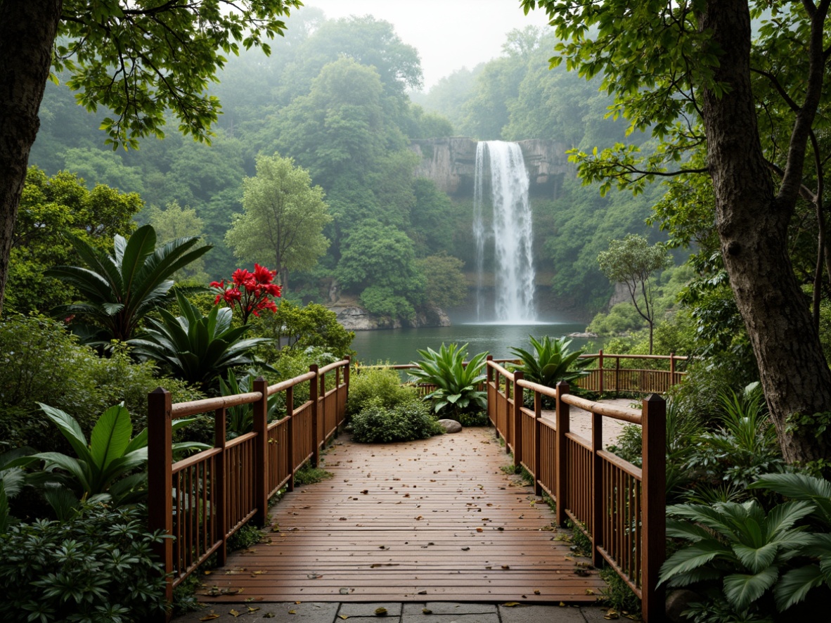 Prompt: Vibrant tropical plants, exotic flowers, rough tree bark, smooth wooden bridges, rusty metal railings, woven bamboo fences, misty waterfalls, humid atmosphere, warm natural light, soft foggy mornings, dense foliage, intricate leaf patterns, colorful bird feathers, rough stone pathways, weathered wooden signs, natural fiber textiles, earthy scent, shallow depth of field, 1/1 composition, realistic textures, ambient occlusion.