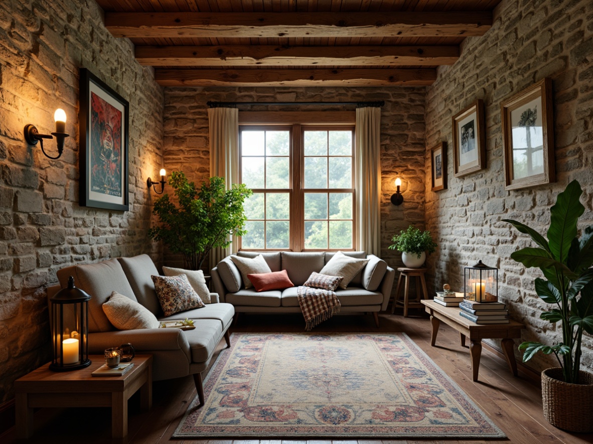 Prompt: Rustic modern farmhouse, natural stone walls, rough-hewn wooden accents, earthy color palette, warm ambient lighting, cozy reading nook, plush throw blankets, vintage metal lanterns, distressed brick flooring, eclectic decorative objects, lush greenery, whimsical artwork, shallow depth of field, 1/2 composition, soft focus, realistic textures, atmospheric mist.