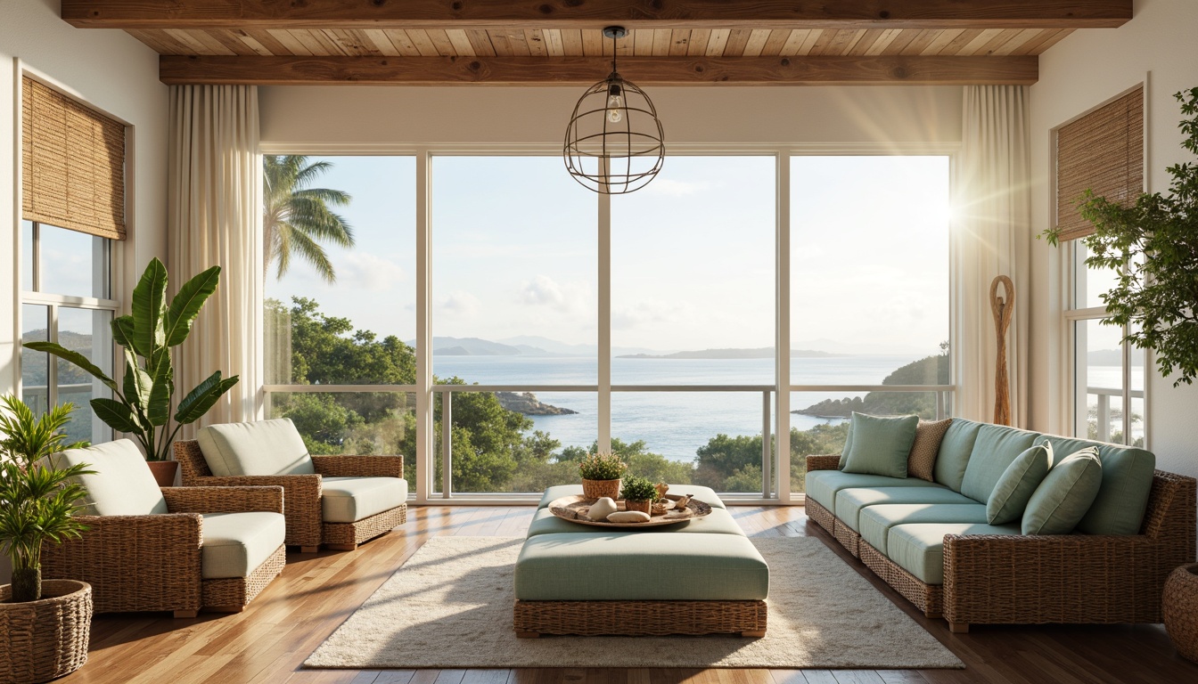 Prompt: Airy coastal cottage, large windows, sliding glass doors, ocean views, natural light pouring in, soft warm illumination, creamy white walls, driftwood accents, woven rattan furniture, plush seafoam-green upholstery, distressed wood floors, nautical ropes, potted palm trees, beachy artifacts, gentle sea breeze, misty morning atmosphere, shallow depth of field, 1/1 composition, panoramic view, realistic textures, ambient occlusion.