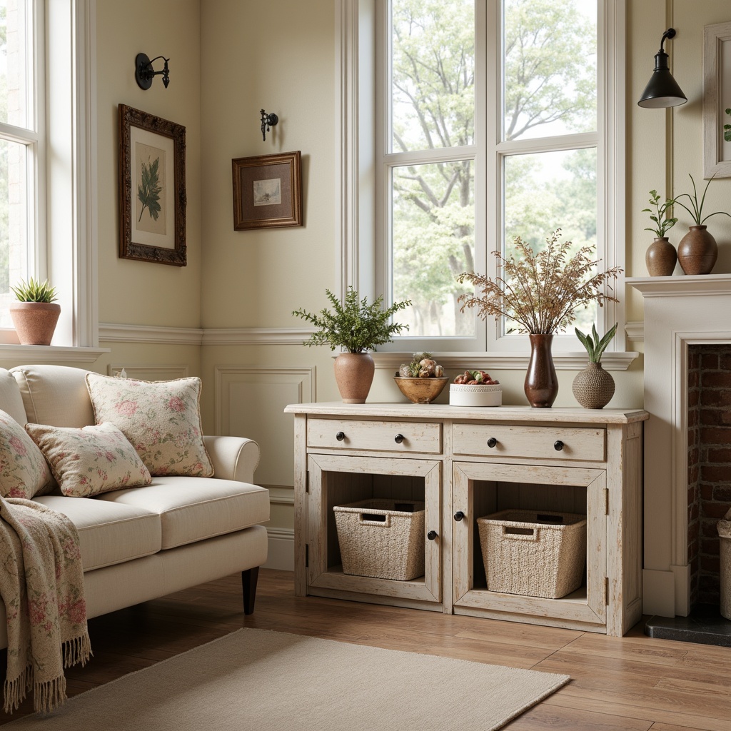 Prompt: Distressed wooden furniture, vintage decorative items, soft pastel hues, creamy whites, warm beige tones, rustic metal accents, lace curtains, floral patterns, distressed finishes, ornate details, romantic ambiance, cozy atmosphere, soft natural lighting, warm textiles, antique collectibles, feminine touches.