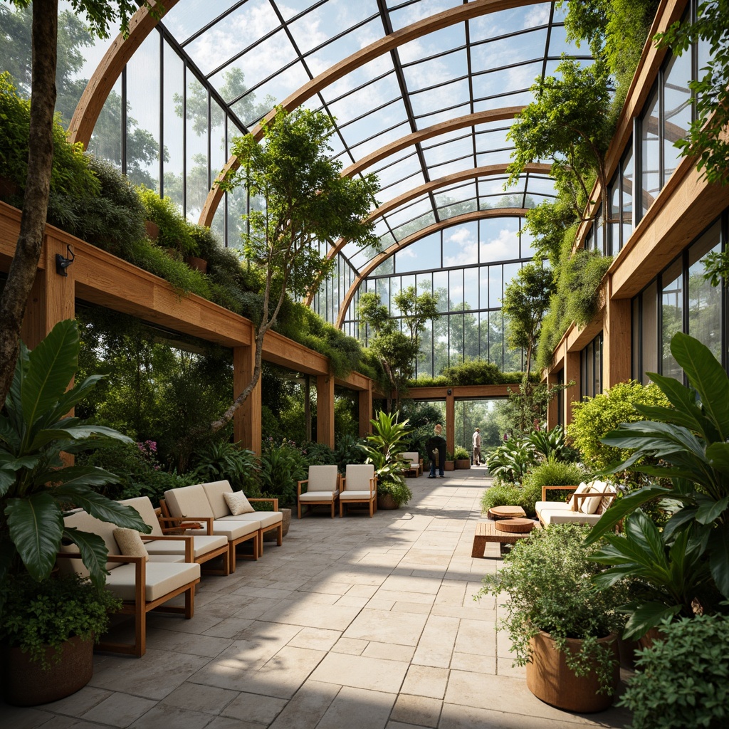 Prompt: Lush greenhouse interior, natural stone flooring, reclaimed wood accents, living walls, verdant plant arrangements, modern minimalist furniture, eco-friendly materials, curved lines, organic shapes, sustainable textiles, vibrant greenery, soft warm lighting, shallow depth of field, 3/4 composition, panoramic view, realistic textures, ambient occlusion, botanical prints, rattan chairs, hanging planters, glass tables, metal frames, airy atmosphere, serene ambiance.