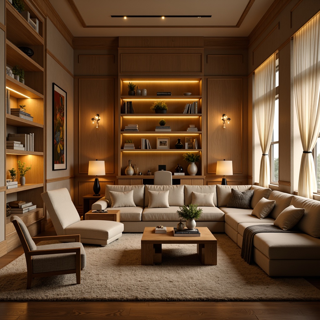 Prompt: Cozy living room, plush sofas, reclining armchairs, wooden coffee tables, soft cushions, velvety upholstery, warm beige colors, ambient floor lamps, natural wood flooring, minimalist decor, functional storage units, ergonomic desk chairs, adjustable headrests, built-in bookshelves, comfortable reading nooks, soft blankets, tranquil atmosphere, warm golden lighting, shallow depth of field, 1/2 composition.