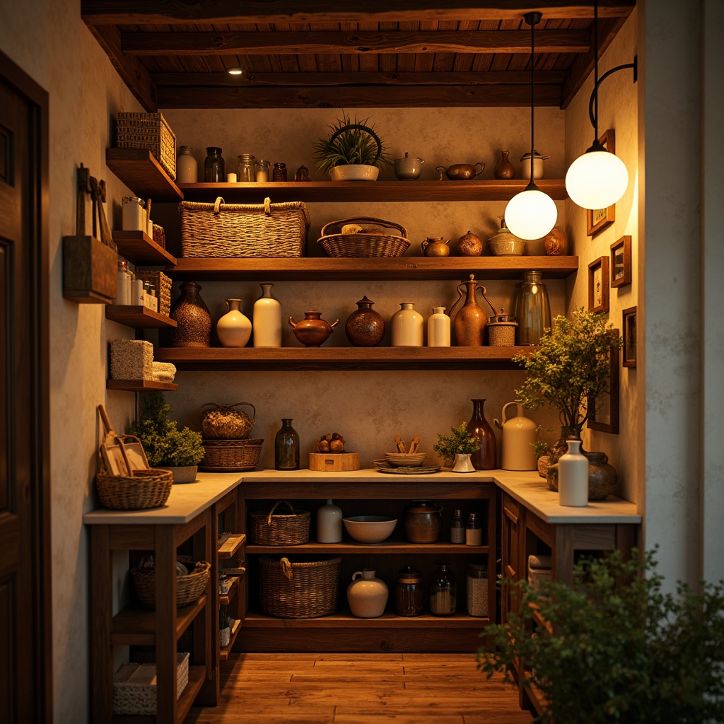 Prompt: Warm pantry ambiance, soft golden lighting, rustic wooden shelves, woven baskets, vintage apothecary jars, earthy ceramic containers, warm beige walls, distressed wood accents, pendant lanterns, candlelight, subtle shadows, cozy nooks, intimate scale, traditional farmhouse style, inviting aromas, soft focus, shallow depth of field, 1/1 composition, realistic textures, ambient occlusion.