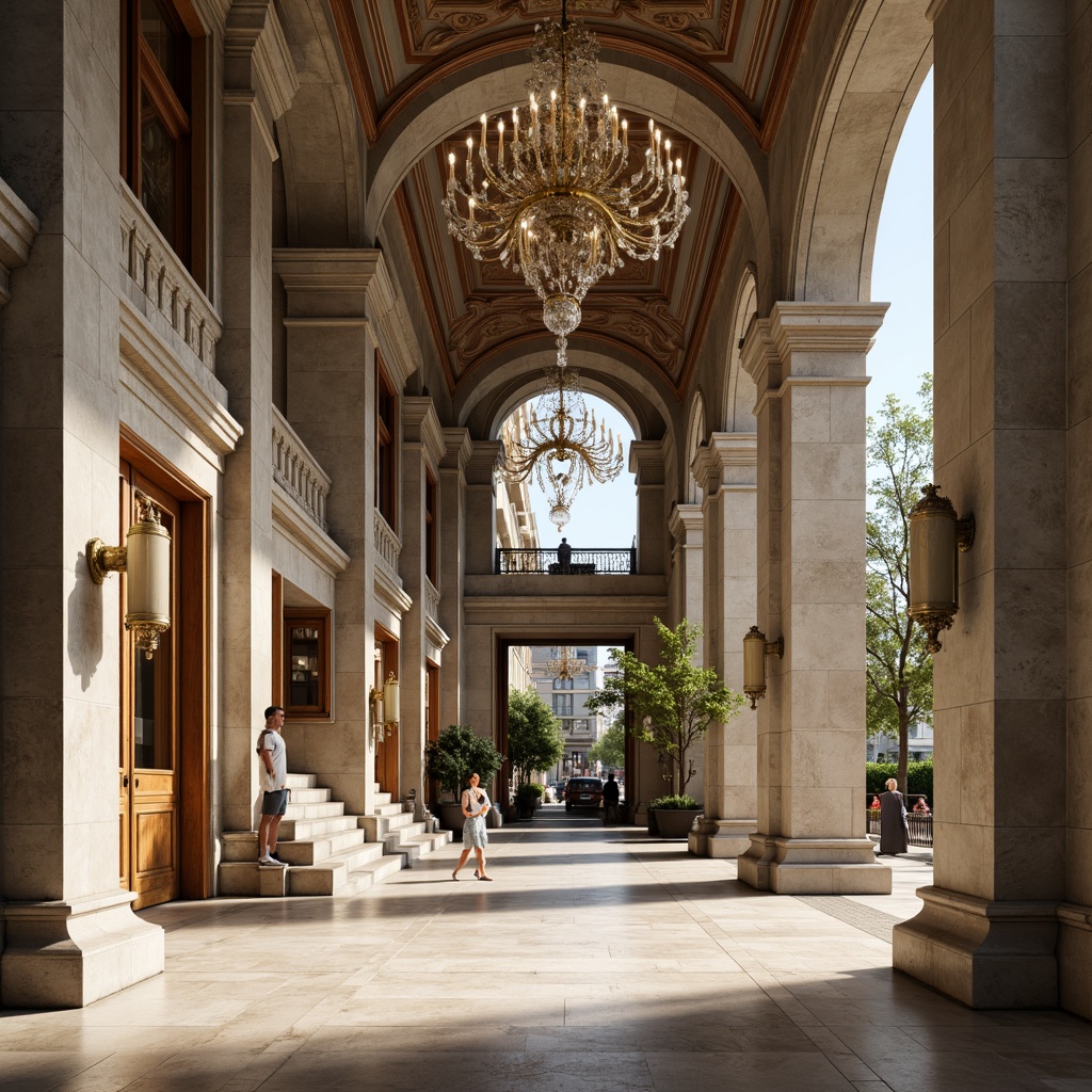 Prompt: Grandiose building facade, ornate columns, intricate carvings, symmetrical architecture, majestic entranceways, bronze door handles, elegant staircases, polished marble floors, luxurious chandeliers, high ceilings, expansive windows, natural light pouring in, soft warm glow, shallow depth of field, 1/1 composition, realistic textures, ambient occlusion.