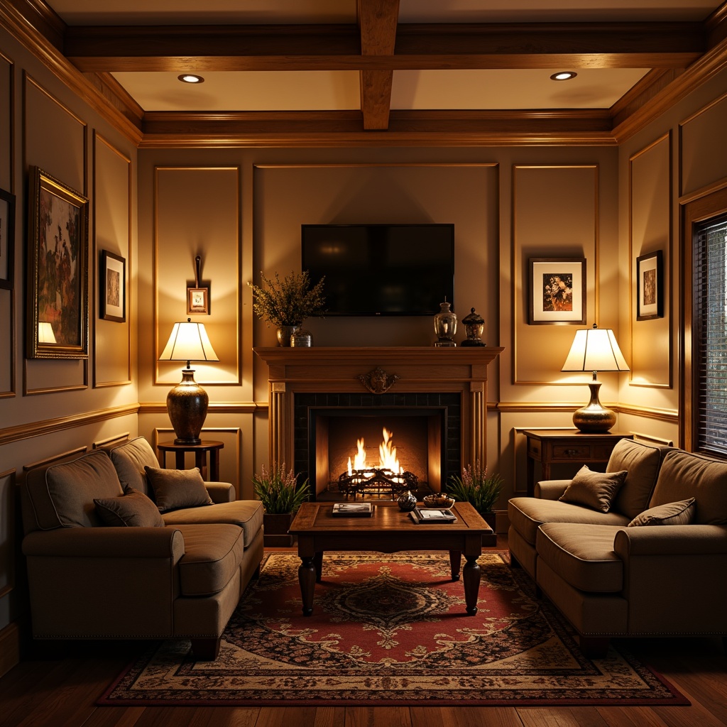 Prompt: Cozy game room, traditional wooden paneling, warm beige walls, comfortable sofas, rustic wooden tables, vintage decorative items, soft warm lighting, table lamps, floor lamps, dimmable lighting, warm color temperature, intimate atmosphere, rich textures, ornate details, classic furniture, luxurious fabrics, subtle patterns, ambient occlusion, shallow depth of field, 3/4 composition, realistic renderings.