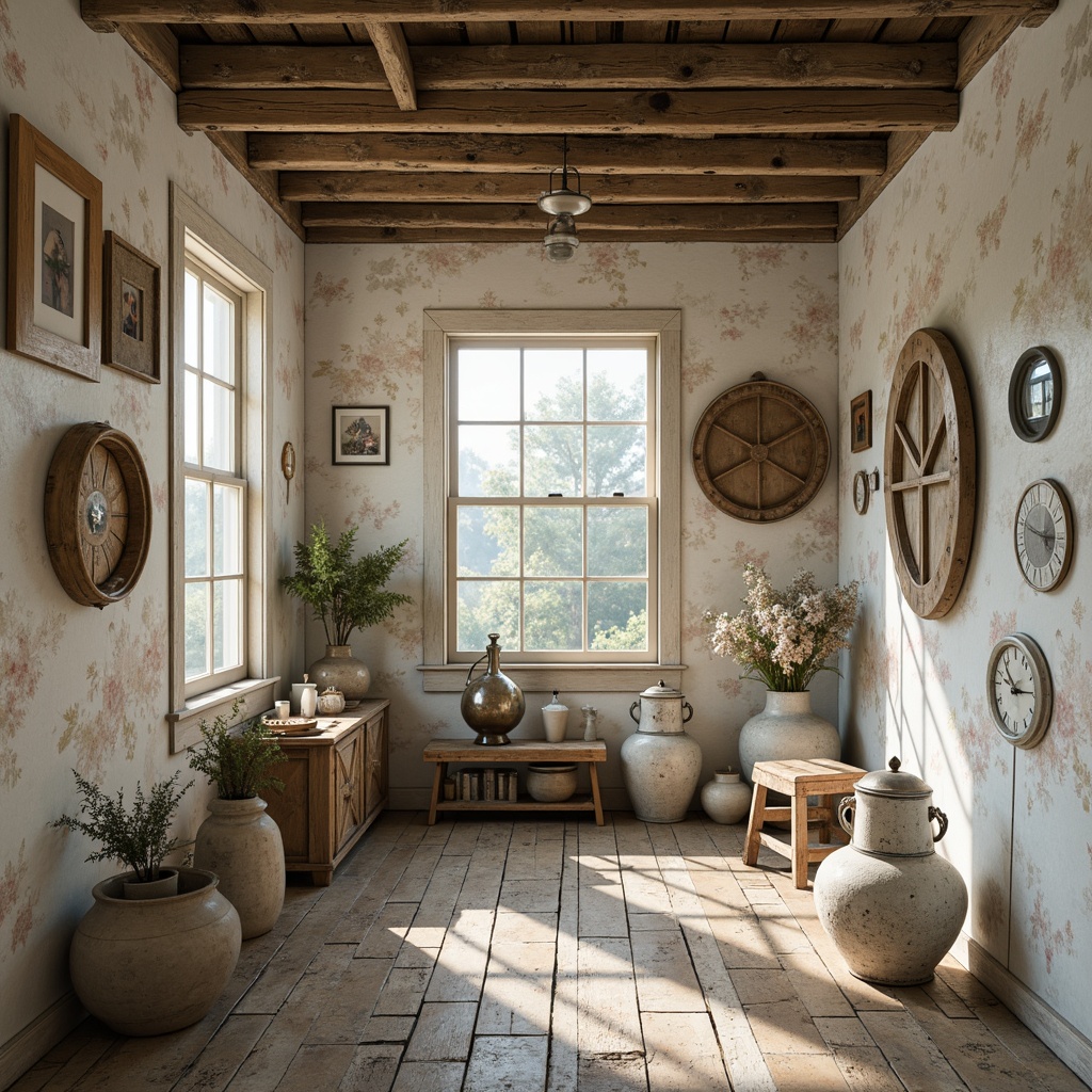 Prompt: Vintage distressed storage room, soft pastel hues, creamy whites, weathered wood tones, rustic metal accents, floral patterns, lace trimmings, delicate porcelain vases, ornate metal fixtures, warm candlelight, shallow depth of field, 1/1 composition, realistic textures, ambient occlusion.