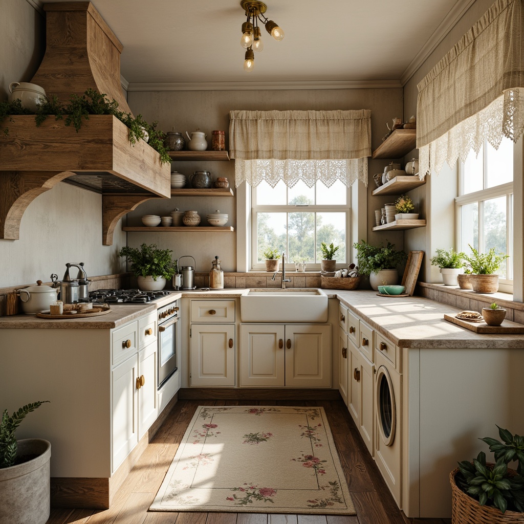 Prompt: Vintage kitchen, distressed finishes, soft pastel hues, floral patterns, lace trimmings, linen fabrics, natural fibers, warm beige tones, antique furniture, ornate metalware, porcelain decorations, rustic wood accents, subtle sheen, warm lighting, cozy atmosphere, classic country style, traditional English charm, romantic ambiance.