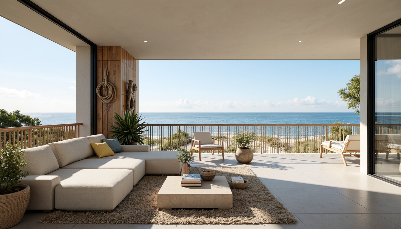 Prompt: Calming coastal penthouse, soothing ocean views, soft sandy dunes, weathered wood accents, nautical ropes, driftwood decorations, sea-inspired color palette, blues and whites, calming greens, warm beige tones, natural textures, large windows, sliding glass doors, open-plan living spaces, minimalist decor, modern furnishings, cozy reading nooks, ambient lighting, shallow depth of field, 1/1 composition, realistic renderings, subtle wave patterns.