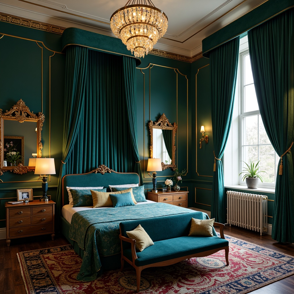 Prompt: Luxurious bedroom, opulent fabrics, rich jewel tones, emerald green walls, navy blue accents, metallic gold details, geometric patterns, ornate mirrors, velvet drapes, crystal chandeliers, lavish textures, soft warm lighting, shallow depth of field, 1/2 composition, intimate atmosphere, sophisticated elegance, retro glamour.