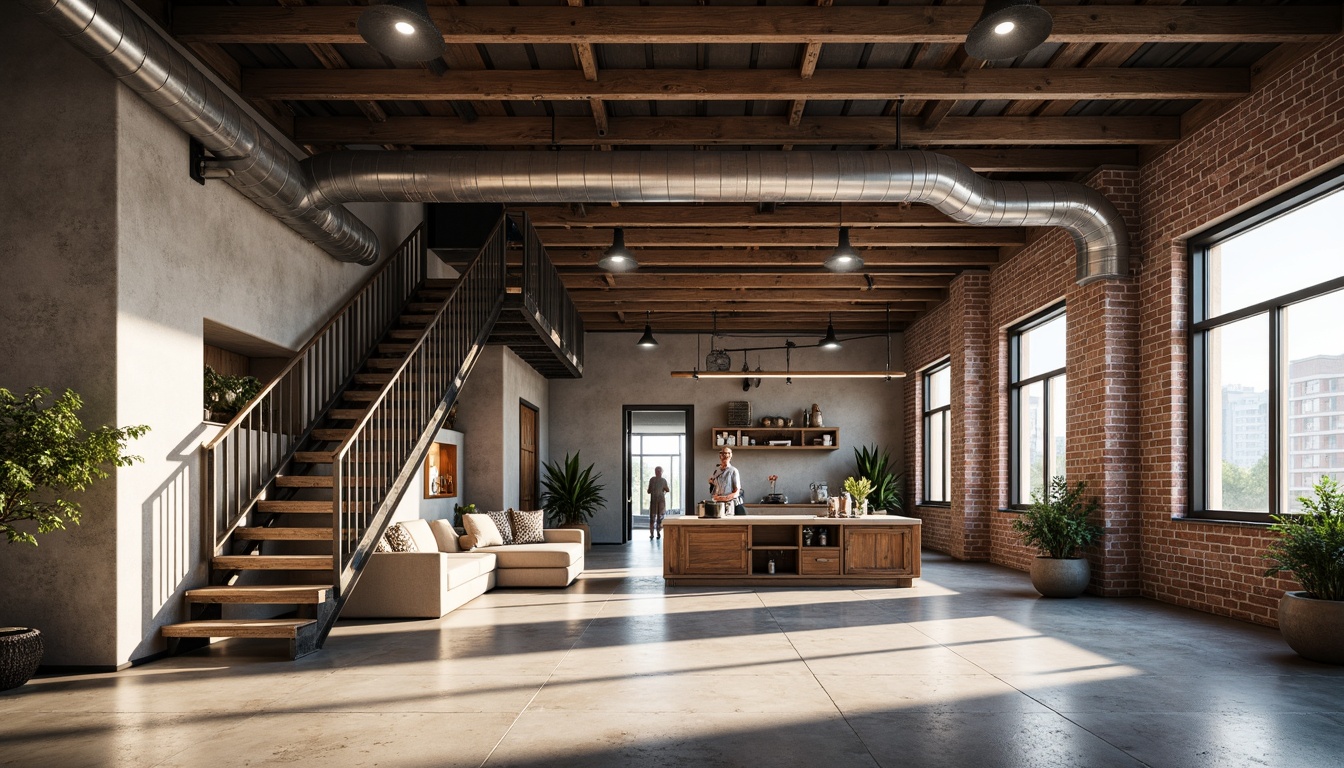 Prompt: Industrial chic interior, exposed beams, metal ductwork, polished concrete floors, reclaimed wood accents, urban loft atmosphere, functional minimalism, neutral color palette, distressed brick walls, industrial-style lighting fixtures, metal staircase, open-plan layout, high ceilings, natural light pouring in, soft warm ambiance, shallow depth of field, 2/3 composition, realistic textures.