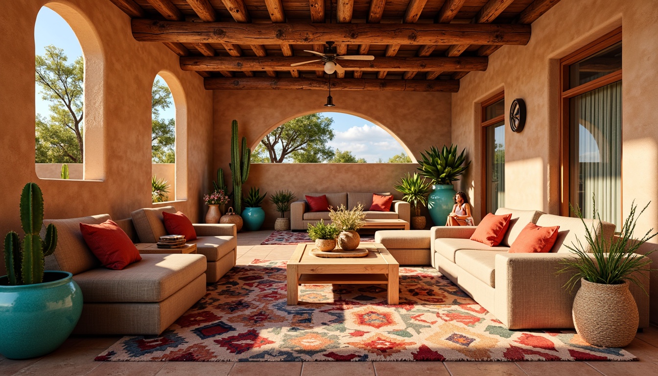 Prompt: Vibrant southwestern interior, earthy adobe walls, rustic wooden beams, colorful Native American textiles, geometric patterned rugs, turquoise accents, warm sandy beige furniture, bold red and orange hues, natural woven baskets, desert botanicals, cactus silhouettes, sunny afternoon light, soft warm shadows, 1/2 composition, shallow depth of field, realistic textures, ambient occlusion.