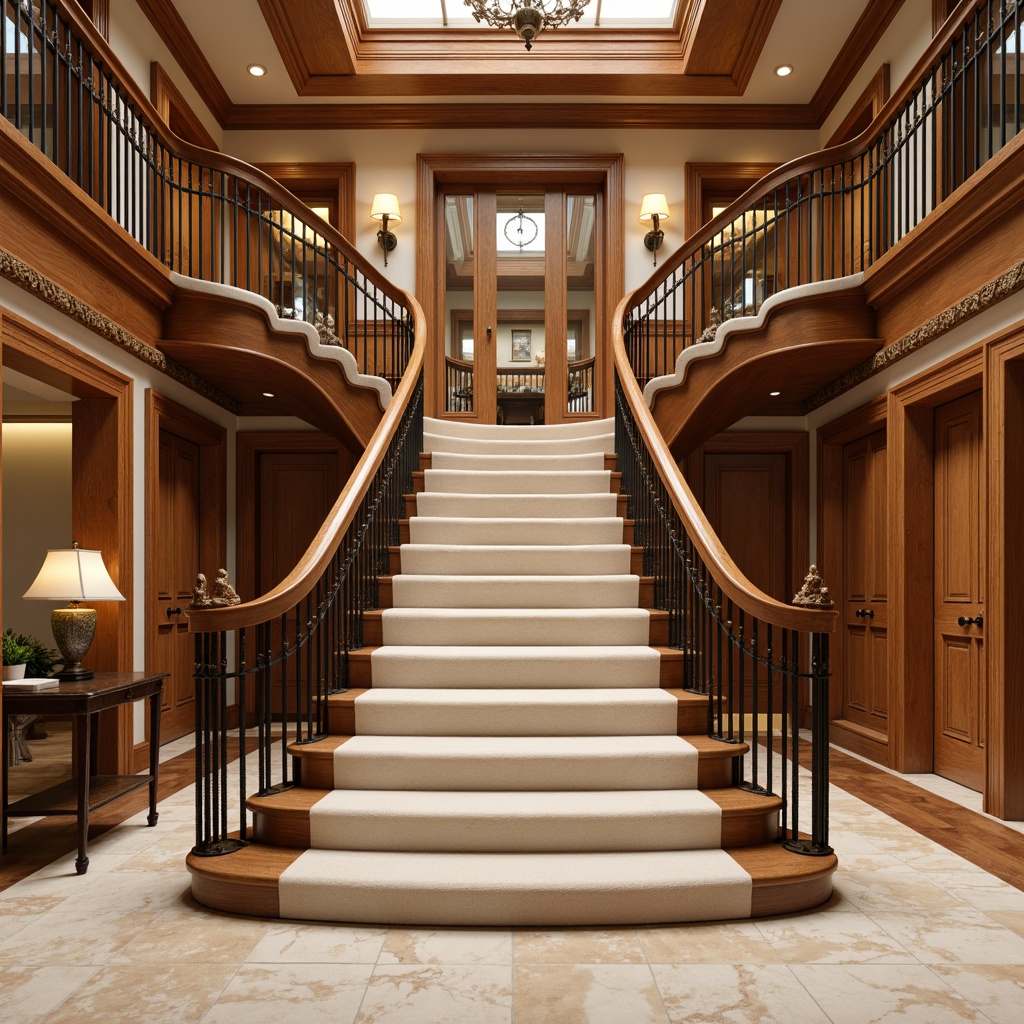 Prompt: Luxurious classic staircase, richly polished wooden handrails, intricately carved balusters, ornate metal newel posts, grand curved lines, opulent velvet carpeting, creamy white marble steps, warm golden lighting, dramatic high ceiling, elegant crown molding, sophisticated architectural details, refined wood grain textures, subtle sheen finishes, majestic entrance hall, stately manor house, traditional European-inspired design, lavish interior decor, soft warm ambiance, inviting foyer atmosphere.