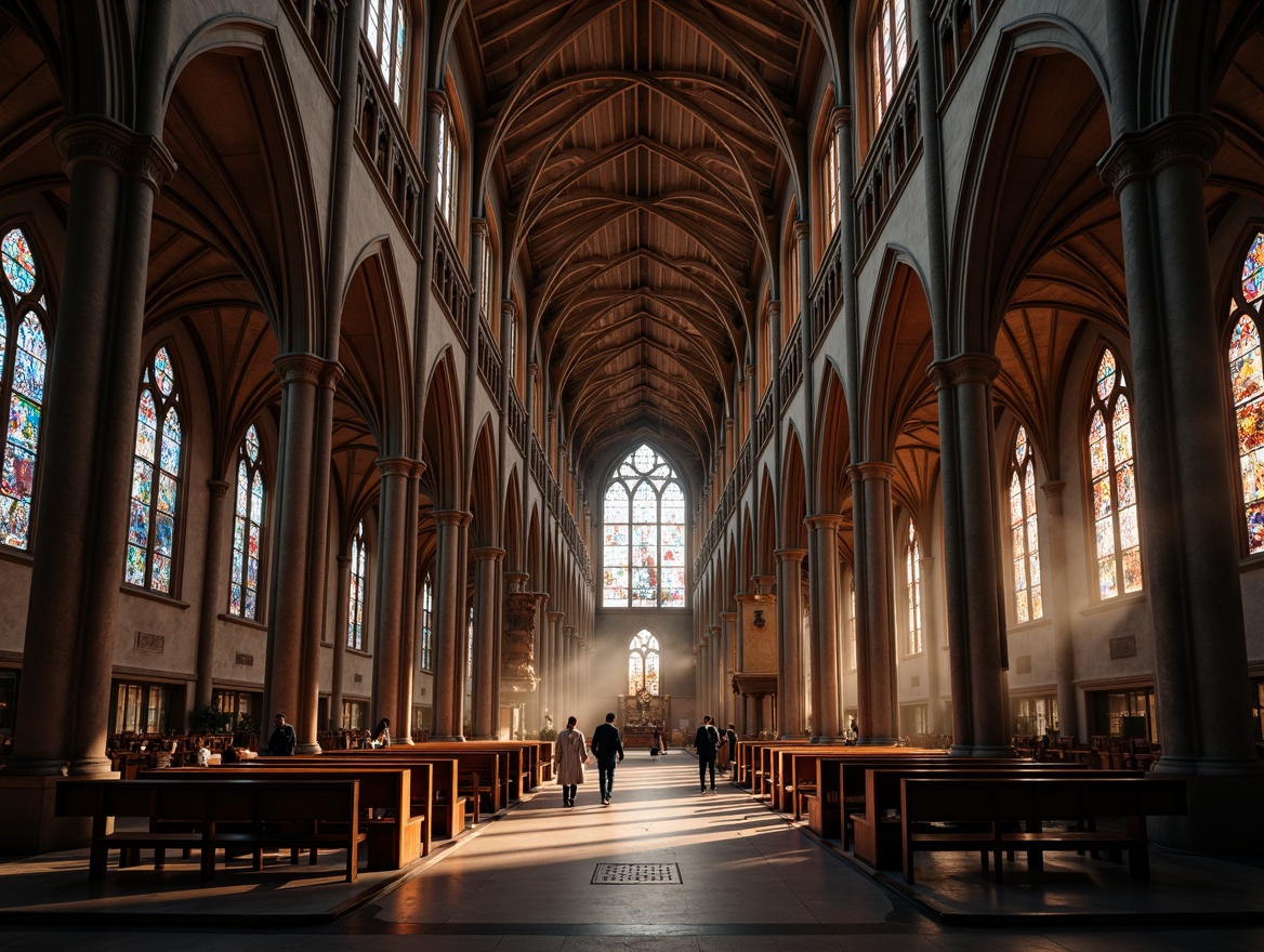 Prompt: Grand cathedral, pointed arches, ribbed vaults, ornate stone carvings, stained glass windows, vibrant colored light, mystical ambiance, dramatic shadows, intricate tracery, lancet windows, flying buttresses, somber earth tones, rich textiles, mysterious atmosphere, soft warm lighting, high contrast ratio, 1/1 composition, realistic reflections.