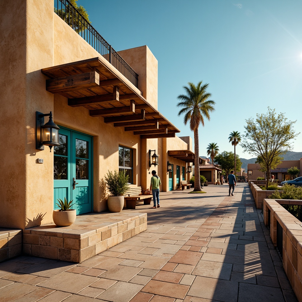 Prompt: Vibrant southwestern bus station, adobe-inspired architecture, warm beige stucco walls, turquoise accents, rustic wooden benches, ornate metal railings, eclectic tile work, vibrant color schemes, unique pendant lighting fixtures, lantern-style lamps, warm ambient glow, dramatic uplighting, desert landscape surroundings, palm tree silhouettes, clear blue sky, sunny day, shallow depth of field, 3/4 composition, realistic textures, ambient occlusion.