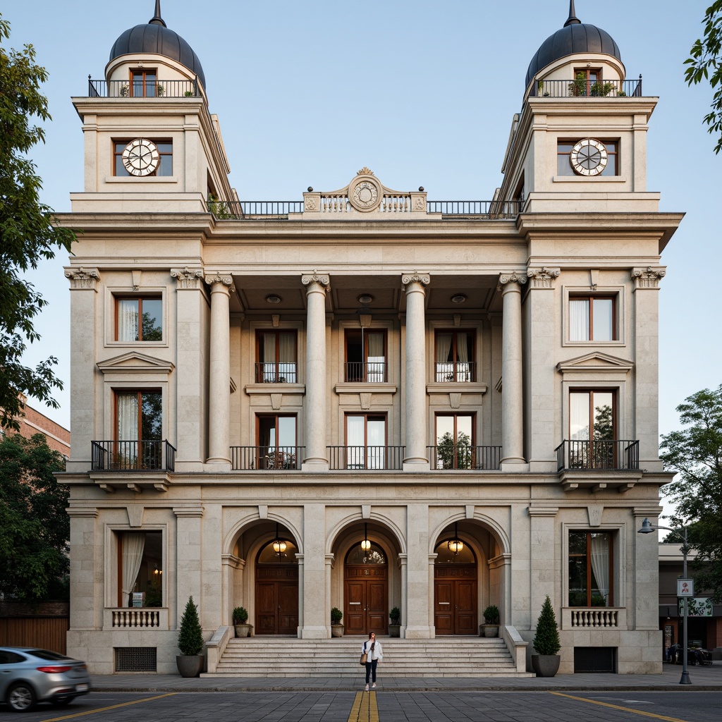 Prompt: Grandiose public administration building, classical architectural style, symmetrical facade composition, ornate stone carvings, grand entrance archways, columned porticos, majestic clock towers, elegant balustrades, subtle texture contrasts, earthy tone color palette, rich wood accents, stately foyers, solemn atmosphere, soft natural lighting, high-contrast shading, 2/3 composition, shallow depth of field, realistic rendering.