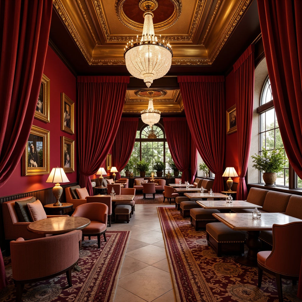 Prompt: Luxurious velvet drapes, ornate golden frames, intricately carved wooden chairs, richly upholstered sofas, lavish crystal chandeliers, ornamental mirrors, polished marble tables, decorative bronze accents, regal red and gold color scheme, opulent fabrics, grandiose architectural details, dramatic lighting effects, warm intimate atmosphere, luxurious textures, fine dining setting, elegant ambiance.