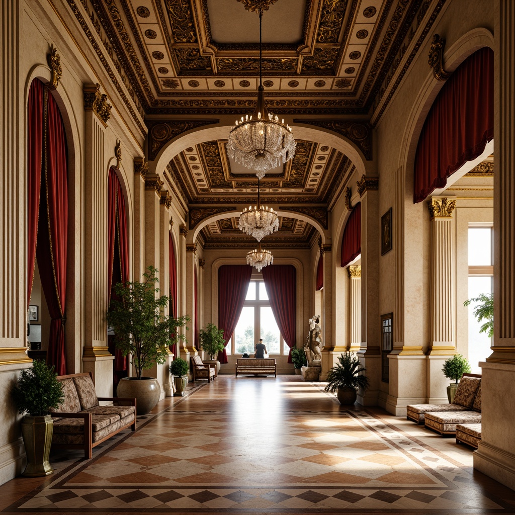 Prompt: Ornate neoclassical building, grandiose columns, intricate carvings, polished marble floors, ornamental moldings, gilded decorations, rich velvet drapes, lavish crystal chandeliers, refined wooden paneling, sophisticated stone sculptures, majestic archways, symmetrical compositions, warm golden lighting, soft focus, shallow depth of field, 2/3 composition, realistic textures, ambient occlusion.