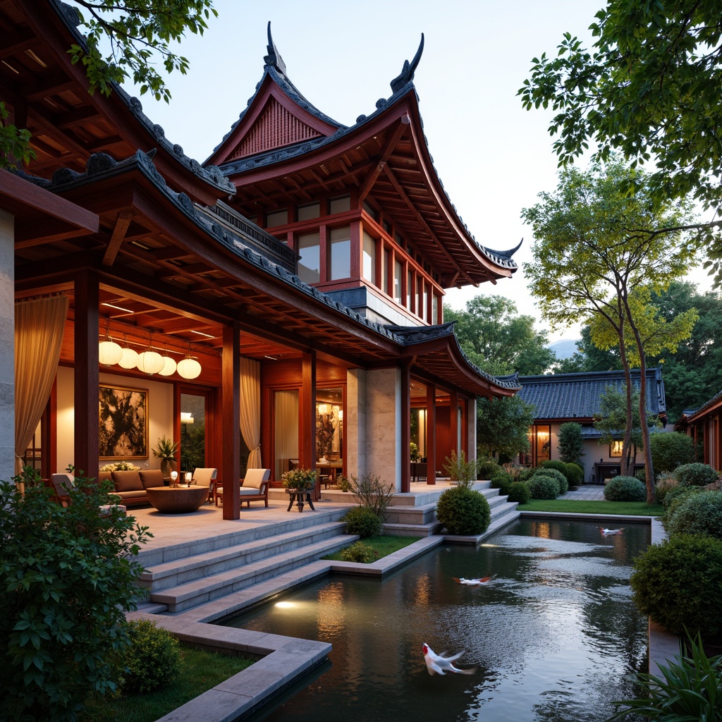 Prompt: Traditional Asian-style pagoda, intricately carved wooden accents, ornate lanterns, vibrant red and gold colors, elegant curved roofs, natural stone walls, serene courtyard gardens, tranquil koi ponds, lush greenery, warm soft lighting, paper lantern-inspired fixtures, subtle indirect illumination, shallow depth of field, 1/2 composition, realistic textures, ambient occlusion.