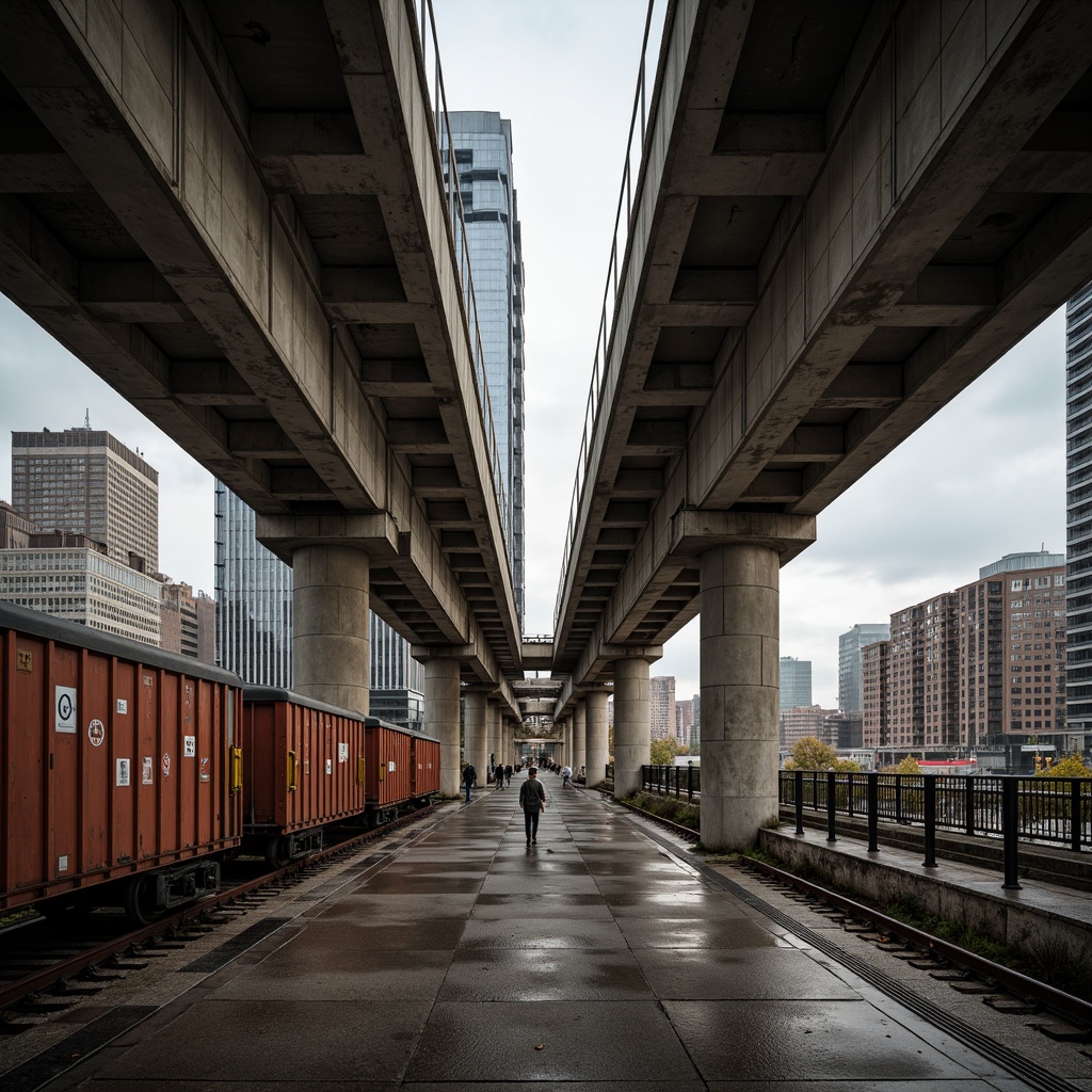 Prompt: Exposed concrete structures, rugged industrial textures, metallic accents, weathered steel beams, distressed wood panels, urban cityscape backdrop, overcast grey skies, dramatic shadows, moody atmospheric lighting, low-angle photography, symmetrical composition, bold typography, vintage train carriages, rusty rail tracks, worn stone flooring, brutalist architectural style, functional design elements, utilitarian aesthetic, muted earthy tones, rich industrial colors, warm golden light, high-contrast imagery.