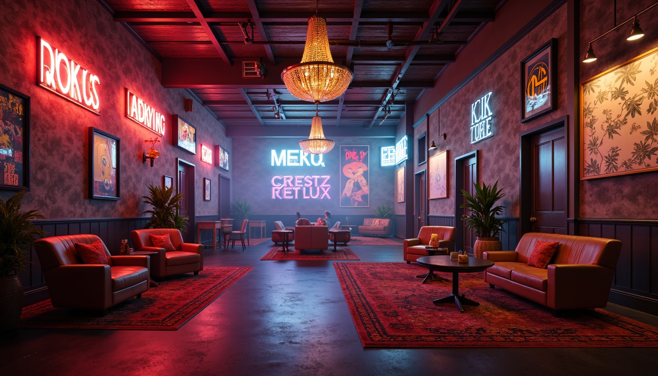 Prompt: Eclectic postmodern interior, neon signs, bold color schemes, ornate chandeliers, layered lighting, warm ambiance, rich textures, patterned rugs, statement furniture, abstract artwork, asymmetrical compositions, dramatic shadows, high-contrast lighting, moody atmosphere, atmospheric fog, 1/1 composition, cinematic lighting, vibrant color grading, detailed normal maps.