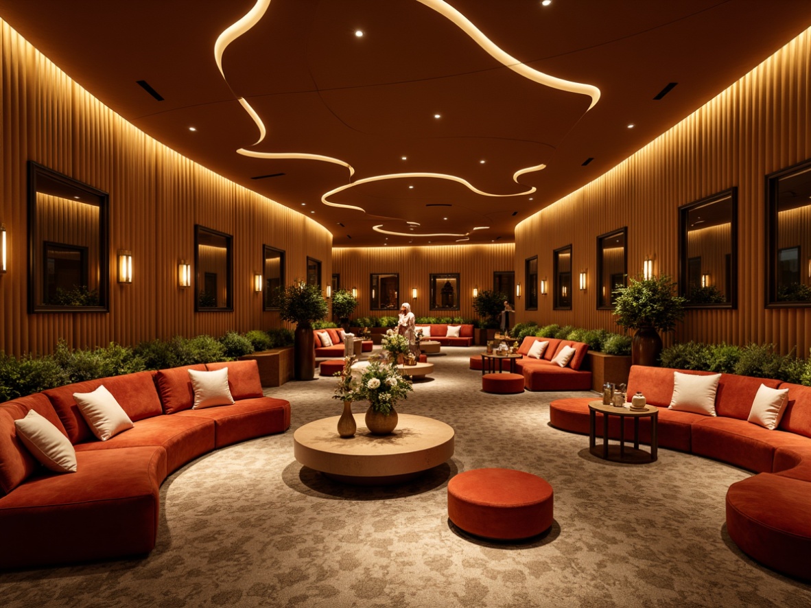 Prompt: Elegant lounge area, sweeping curved lines, fluid shapes, luxurious velvet sofas, polished chrome accents, rich wood paneling, warm golden lighting, plush carpeted floors, ornate mirrors, stylish vases, flowing drapery, minimalist coffee tables, rounded corners, soft ambient glow, 1/1 composition, shallow depth of field, warm color palette.