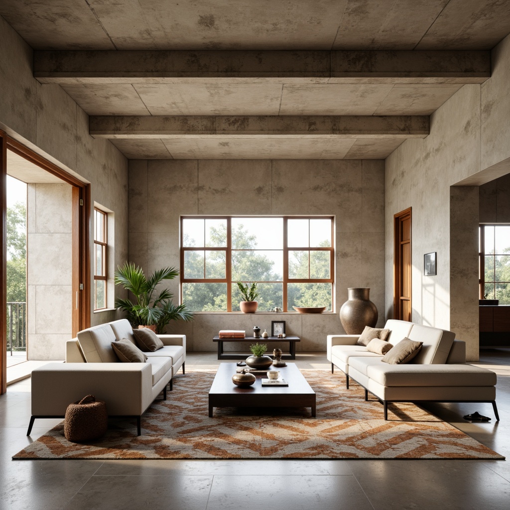 Prompt: Minimalist modern living room, sleek low-profile furniture, polished chrome accents, geometric patterned rugs, textured concrete walls, industrial-chic metal beams, floor-to-ceiling windows, natural light pouring in, warm beige tones, subtle LED ambient lighting, 1/2 composition, shallow depth of field, realistic materials, soft focus blur.