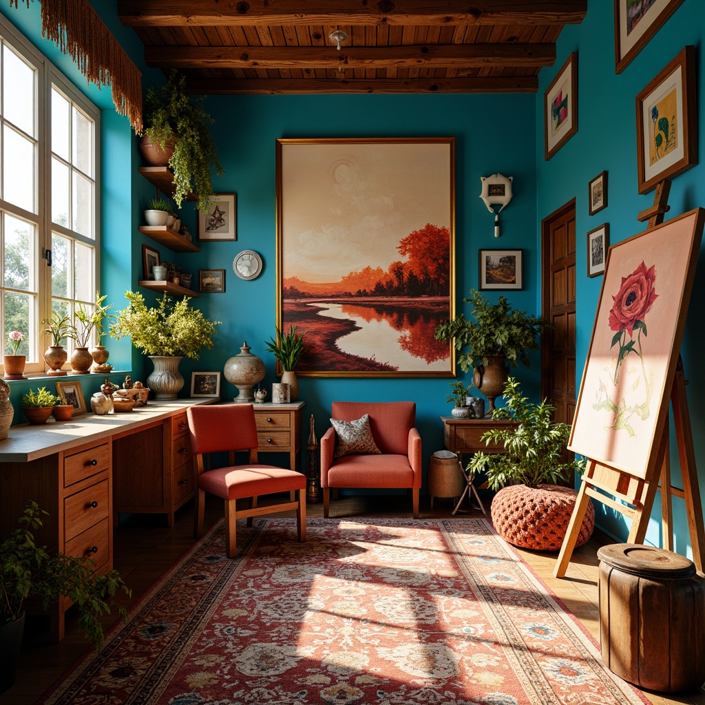 Prompt: Vibrant art studio, Prussian blue accents, warm golden lighting, rich wood textures, eclectic artwork, vintage furniture, colorful rugs, bold brushstrokes, abstract expressionism, dramatic shadows, creamy whites, deep crimson reds, burnt orange hues, soft peach tones, ornate gold frames, natural linen fabrics, rustic wooden easels, artistic clutter, cozy atmosphere, shallow depth of field, 1/1 composition, warm color harmony, realistic textures.