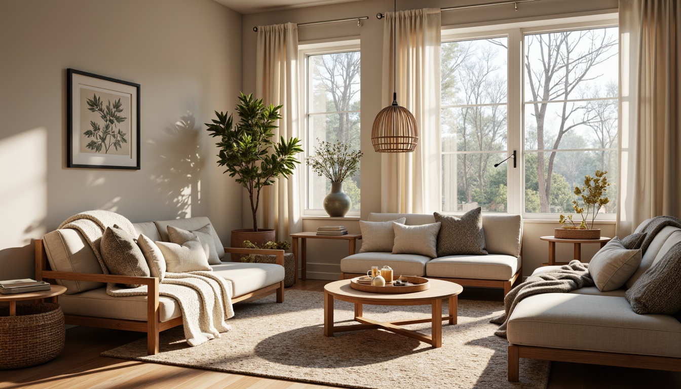 Prompt: Cozy Scandinavian living room, plush throw blankets, woven wool rugs, natural linen upholstery, minimalist wood furniture, soft candlelight, warm beige walls, large windows, snowflake patterns, Nordic-inspired color palette, rustic wooden accents, faux fur textures, chunky knit pillows, botanical prints, organic shapes, 1/1 composition, shallow depth of field, warm soft lighting, realistic fabric simulations.