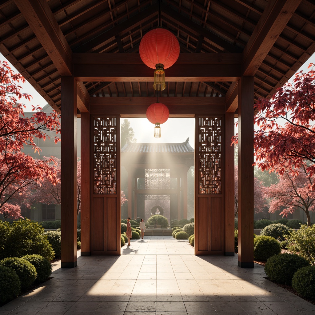 Prompt: Serene Asian-style church, traditional pagoda architecture, intricately carved wooden doors, vibrant red lanterns, golden accents, soft warm lighting, subtle shadows, peaceful ambiance, natural stone floors, tranquil gardens, blooming cherry blossoms, misty atmosphere, warm sunbeams, 1/1 composition, realistic textures, ambient occlusion, gentle spotlighting, warm color palette, ornate chandeliers, lantern-inspired lighting fixtures.