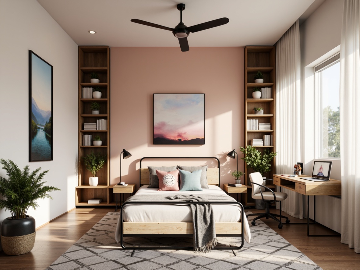 Prompt: Minimalist bedroom, soft pastel colors, industrial chic decor, reclaimed wood furniture, metal frame beds, minimalist desks, ergonomic chairs, geometric patterned rugs, abstract artwork, floor-to-ceiling windows, natural light, sheer curtains, cozy reading nooks, modern sconce lighting, built-in shelving units, compact storage solutions, sleek laptop stands, vibrant accent walls, textured throw blankets, plush area rugs, warm neutral tones, shallow depth of field, 1/1 composition, softbox lighting.