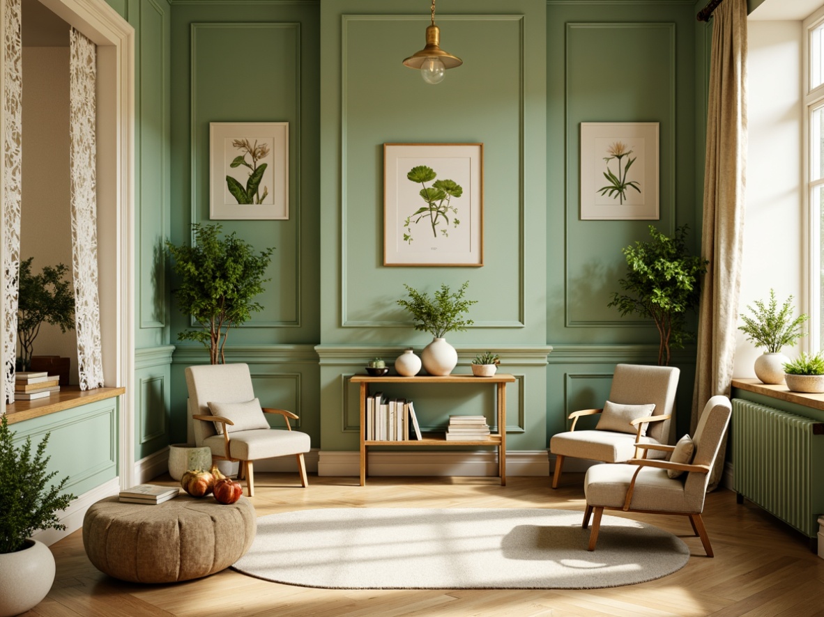 Prompt: Vibrant light green walls, creamy white trim, warm beige flooring, natural wood accents, lush indoor plants, soft golden lighting, cozy reading nooks, plush velvet furniture, delicate lace curtains, elegant ceramic vases, serene botanical prints, calming atmosphere, shallow depth of field, 1/1 composition, realistic textures, ambient occlusion.