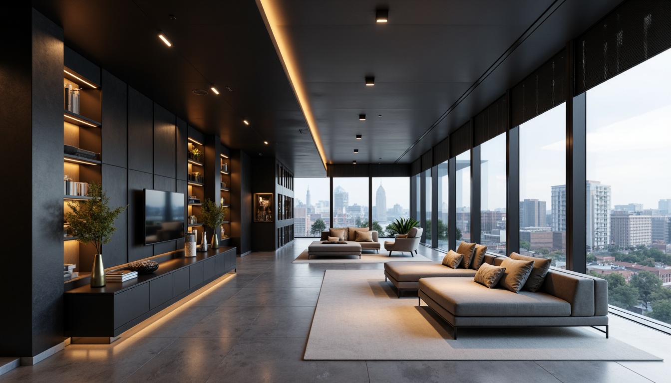 Prompt: Modern streamlined interior, monochromatic color scheme, sleek metallic accents, matte black surfaces, soft warm lighting, minimalist decor, functional furniture, clever storage solutions, calm atmosphere, airy open spaces, floor-to-ceiling windows, urban city views, subtle texture contrasts, 1/1 composition, realistic reflections, ambient occlusion.