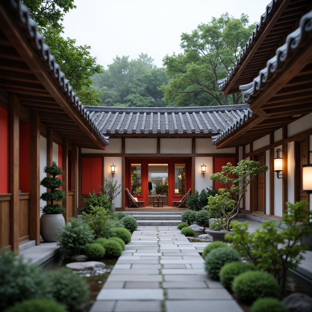 Prompt: Serenely landscaped courtyard, intricately carved wooden gates, traditional Asian-style roofs, curved tiled eaves, ornate lanterns, vibrant red doors, tranquil water features, bonsai trees, natural stone pathways, subtle lighting, shallow depth of field, 1/1 composition, symmetrical balance, harmonious proportions, rich cultural heritage, minimalist decor, tatami mats, sliding shoji screens, paper lanterns, warm-toned wood accents, subtle aromas, peaceful ambiance.