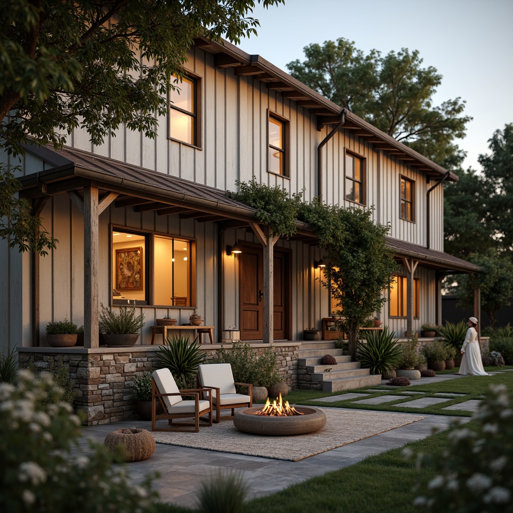 Prompt: Rustic farmhouse, vintage charm, earthy tones, weathered wood accents, natural stone foundations, distressed metal roofs, soft creamy whites, warm beige hues, muted sage greens, dusty blues, rich barn reds, cozy candlelit ambiance, golden hour lighting, shallow depth of field, 1/1 composition, realistic textures, ambient occlusion.