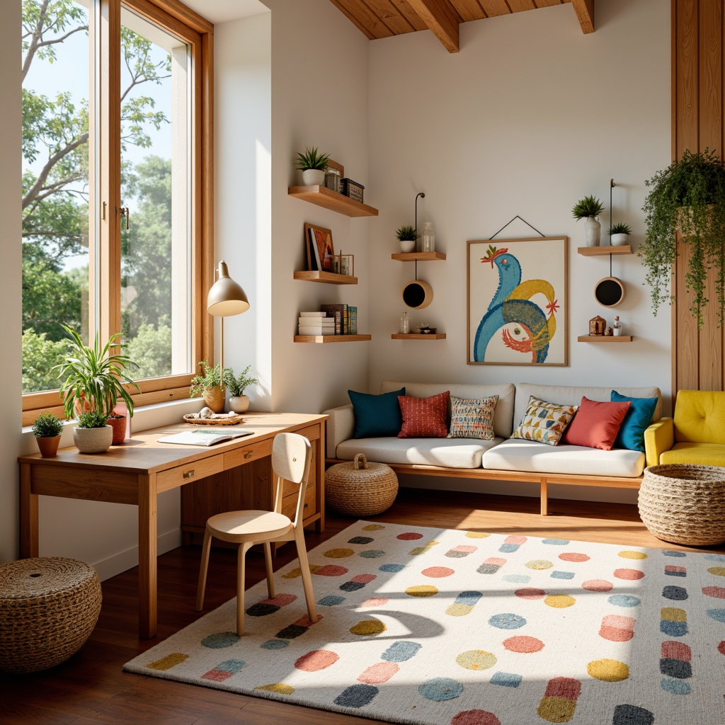 Prompt: Vibrant kids' room, mid-century modern furniture, wooden desk, ergonomic chair, geometric-patterned rug, colorful storage bins, whimsical wall art, fun lighting fixtures, natural wood accents, cozy reading nook, plush area rug, minimalist shelves, retro-inspired decor, bold graphic prints, sunny day, soft warm lighting, shallow depth of field, 3/4 composition, panoramic view, realistic textures, ambient occlusion.