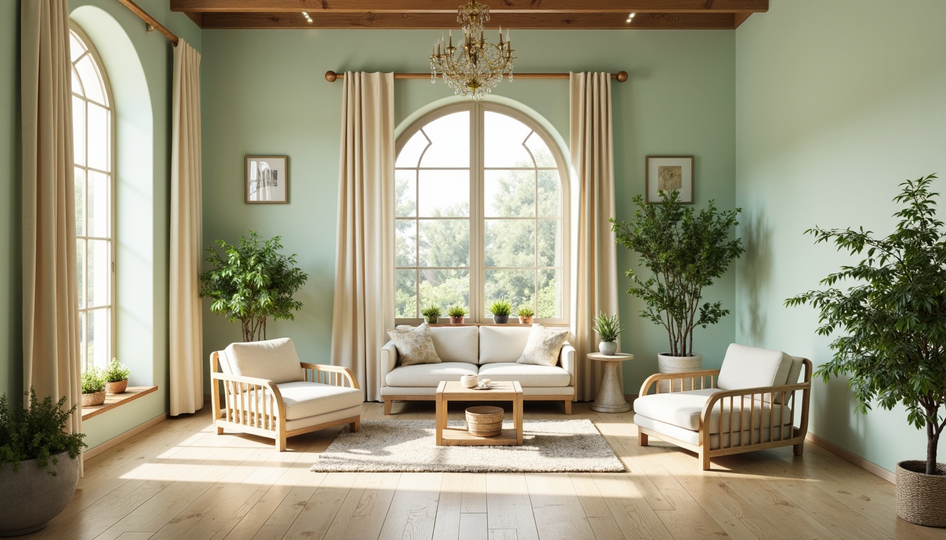 Prompt: Soft mint walls, warm beige floors, light green accents, natural wood furniture, potted plants, elegant chandeliers, cream-colored curtains, minimalist decor, cozy reading nook, calming atmosphere, gentle morning light, shallow depth of field, 1/1 composition, soft focus, realistic textures, ambient occlusion.This prompt includes the main subject (interior design), its features (color scheme, furniture, and decor), setting (cozy reading nook), environment (natural light), and camera settings (shallow depth of field, 1/1 composition, soft focus).