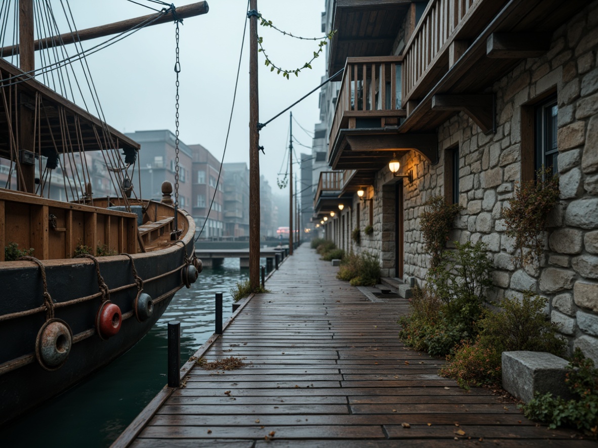 Prompt: Weathered wooden docks, rugged stone walls, industrial metal beams, rusty nautical equipment, distressed concrete floors, reclaimed wood accents, earthy moss growth, misty waterfront atmosphere, overcast sky, soft warm lighting, shallow depth of field, 2/3 composition, cinematic view, realistic textures, ambient occlusion, muted color palette, earthy tones, weathered blues, industrial grays, rusty reds, natural fabrics, woven textiles, rough-hewn wood patterns.